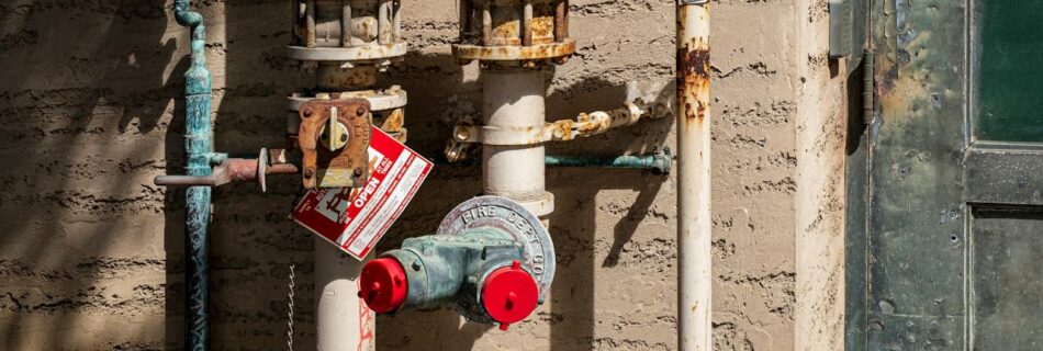 Rusty outdoor plumbing pipes with pressure gauges and warning signs on a wall.